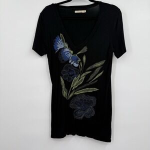 CAITE Tunic Shirt Top Womens M Black Embroidered Floral V-Neck Kyla SEO